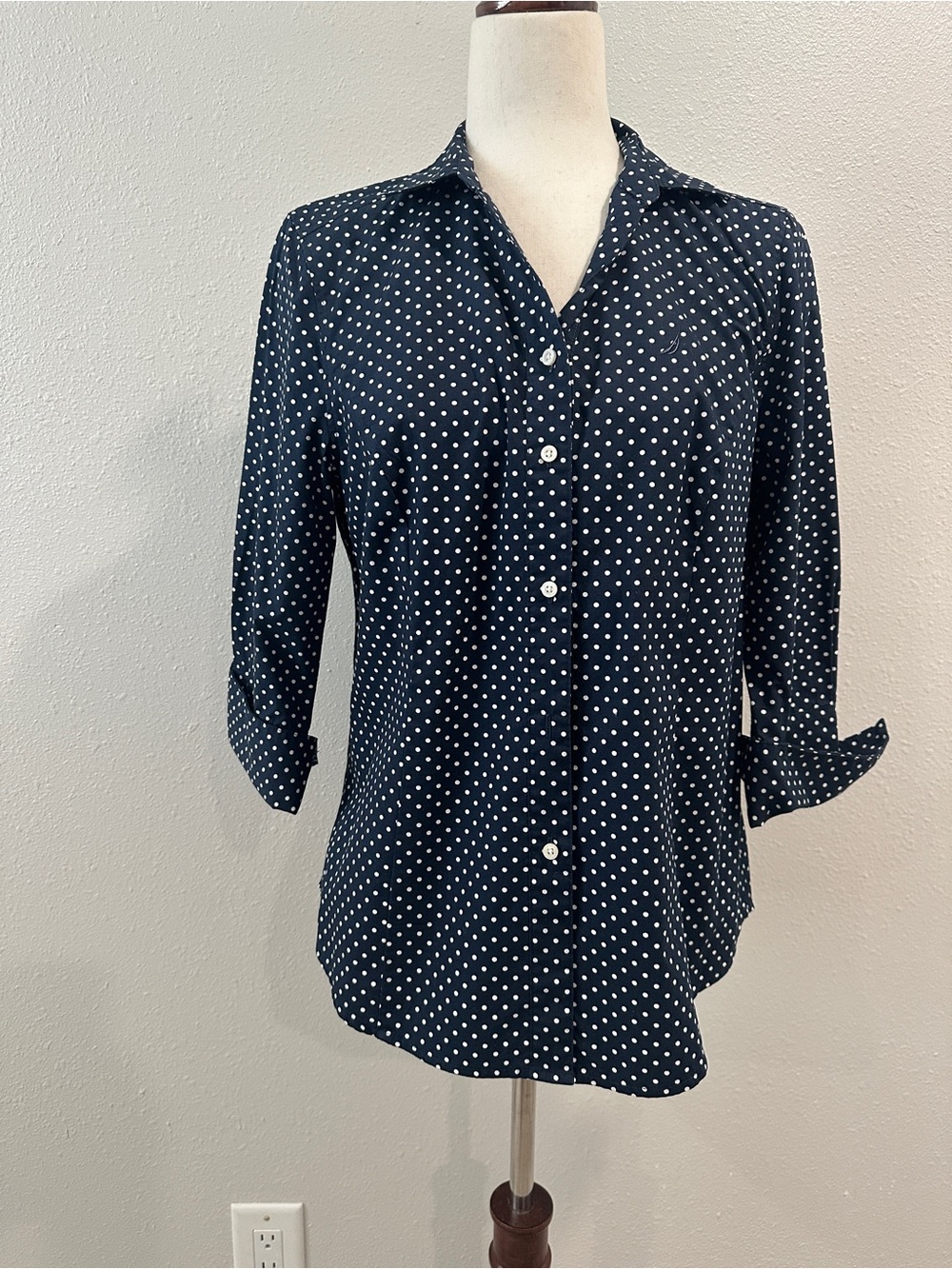 Nautica Navy and White Polka Dot Button-Down Shirt